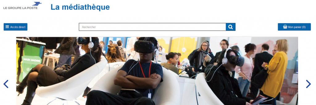 Screenshot of the Groupe de La Poste media library. Several people have virtual reality headsets pictured on the homepage