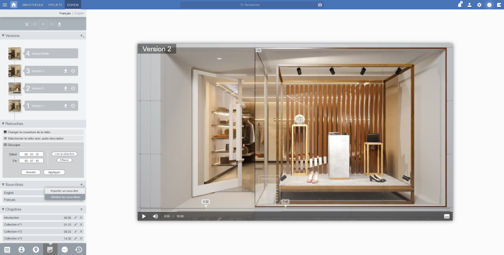 Screenshot of the Ephoto Dam interface showing versioning and chaptering of videos
