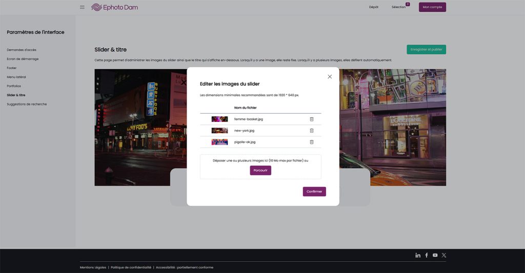 Ephoto Dam front office interface showing how to customise the product