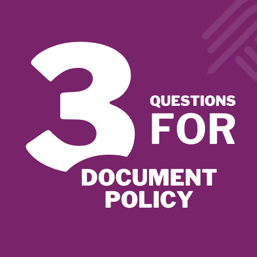 Image with a purple background, in line with Ephoto Dam's graphic charter, with 3 questions about your documentary policy.