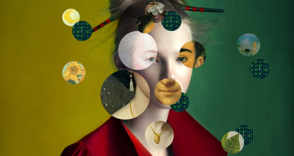 Painting created by a Generative AI superimposed by small circles of paintings known from history