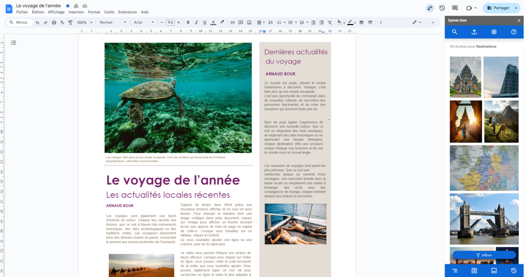 Googles docs document presenting a text with images, with the Ephoto Dam plugin on the right to search, where we see several images