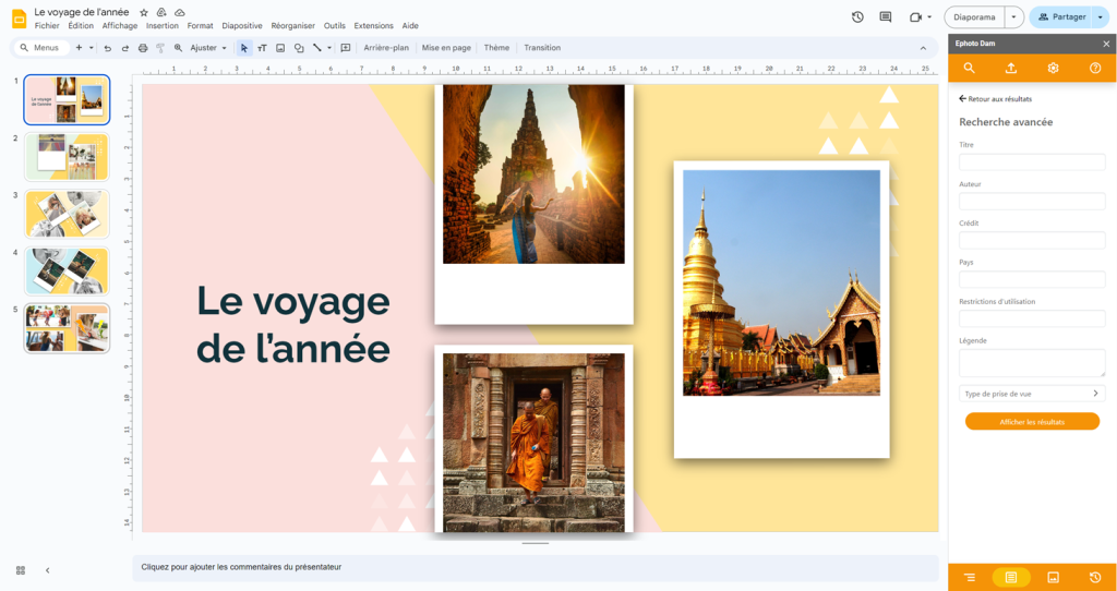 Google Slides document showing a slideshow, with the Ephoto Dam plugin on the right for advanced searching