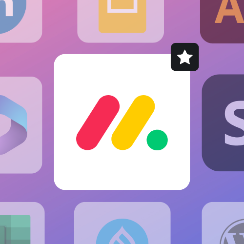 Monday.com logo surrounded by other software logos such as Word, Excel, IndesIgn, etc.