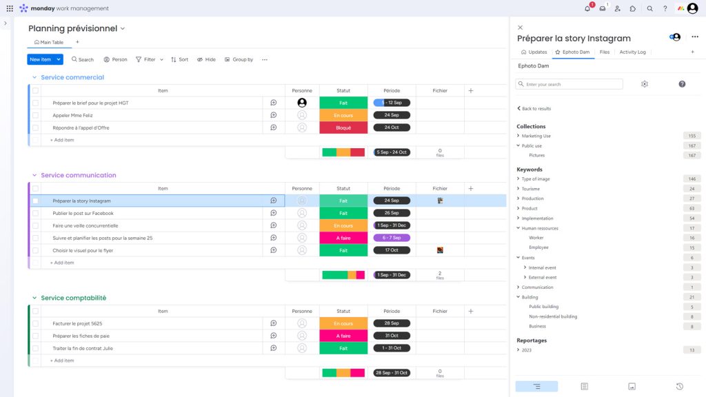 monday.com interface with the Ephoto Dam plugin on the right to search using the thesaurus