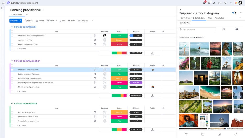 monday.com interface with the Ephoto Dam plugin on the right, showing images from the photo library