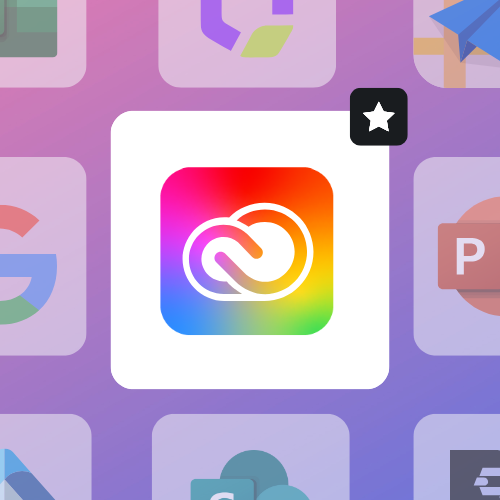 Adobe Creative Cloud logo surrounded by other software logos such as SharePoint, Excel, Google, etc.