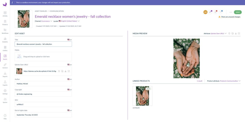Akeneo tool interface displaying the Ephoto Dam plugin, which shows a media preview with the product's technical description