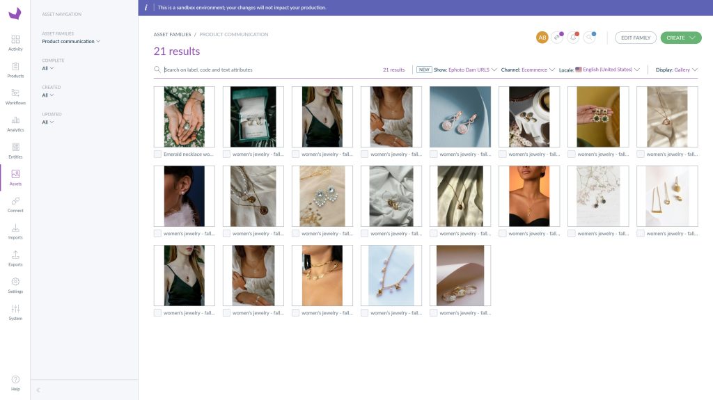Akeneo tool interface displaying several media files from the Ephoto Dam tool