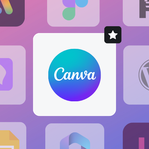 Canva logo on a purple and blue gradient background, surrounded by icons of other applications such as Figma and WordPress