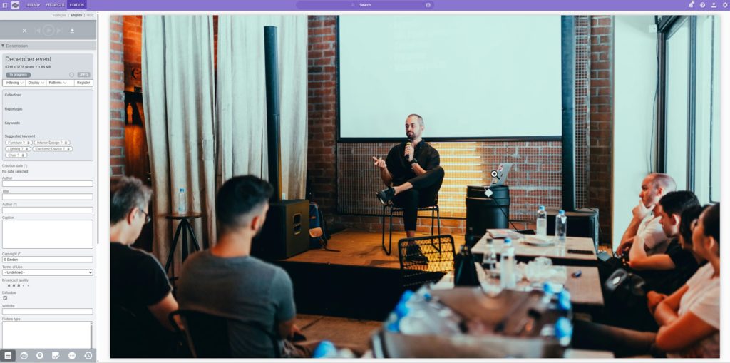 Screenshot of the Ephoto Dam Back Office interface showing the descriptive fields