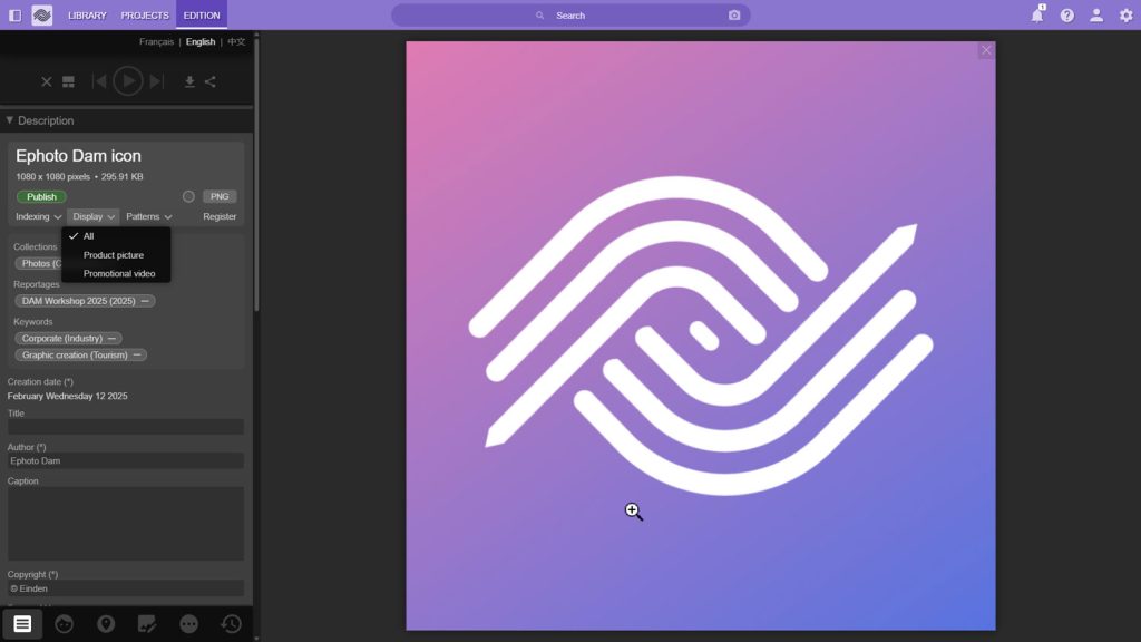 Interface of the Ephoto Dam Digital Asset Management software showing the indexing of an image