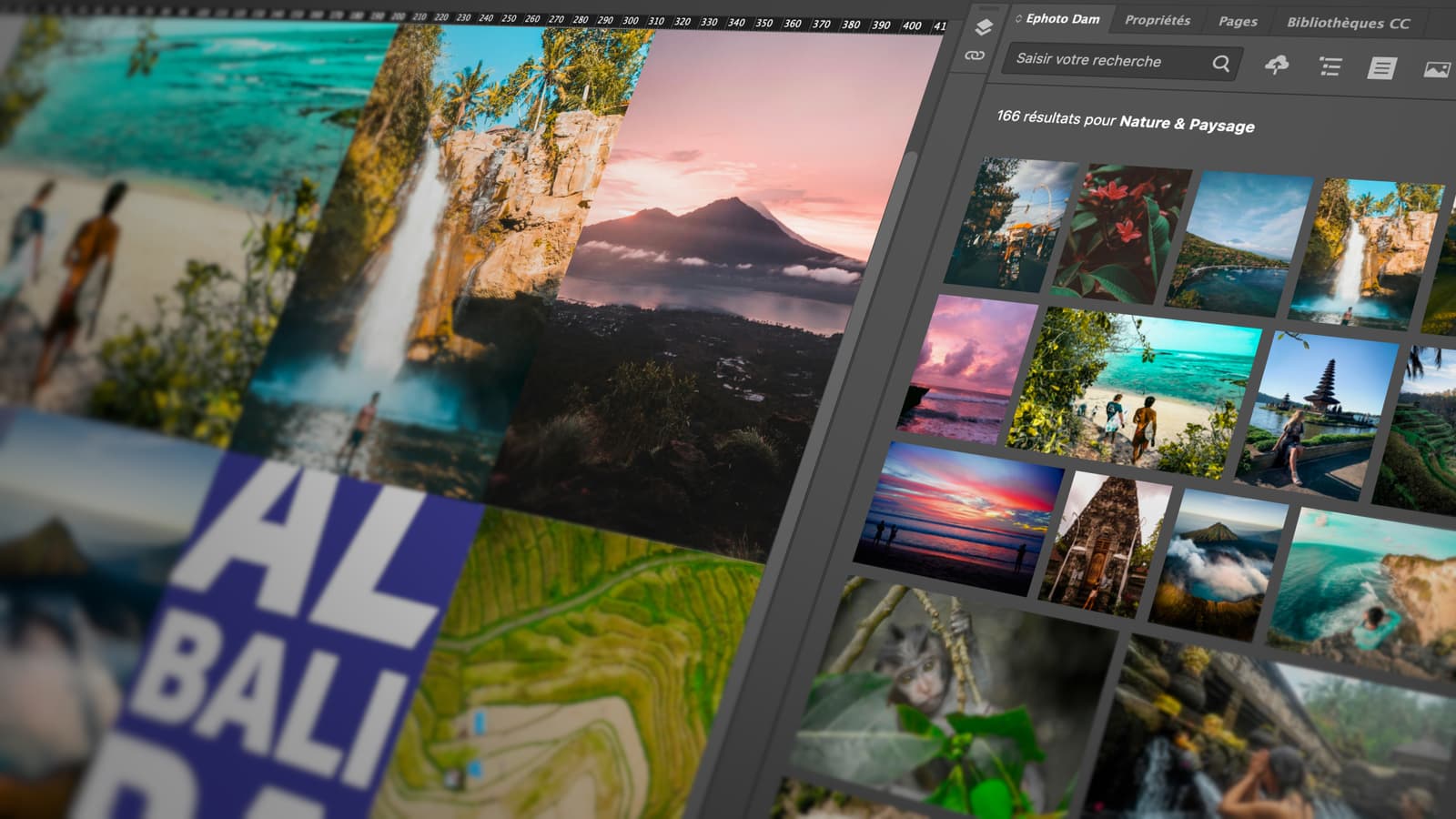 Adobe Indesign interface where a visual is being created showing the Ephoto Dam plugin integrated directly into the tool in the settings bar.