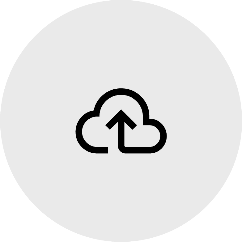 Grey circular icon with a black cloud and an upward-pointing arrow, symbolising uploading or downloading to the cloud