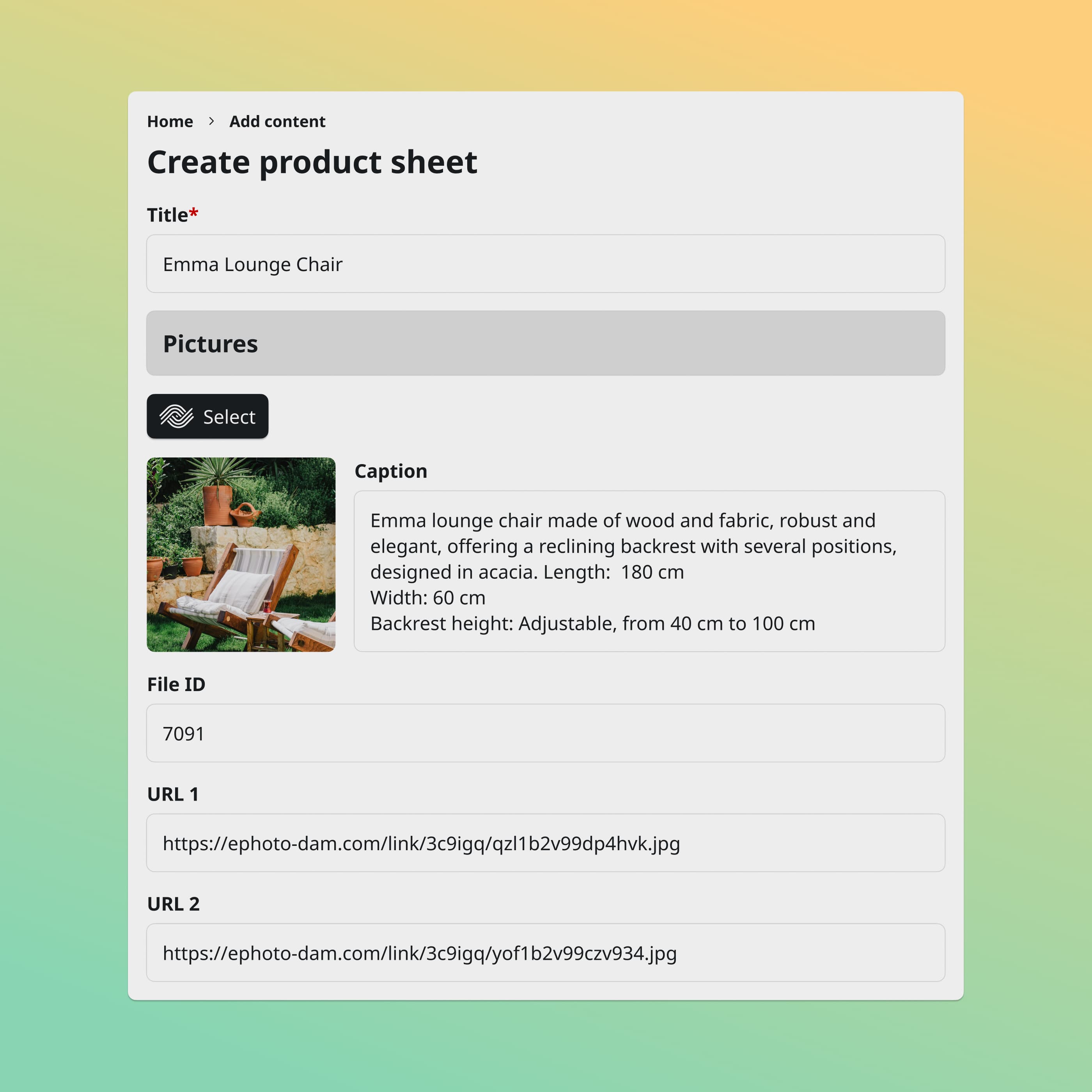 Drupal interface with integration of the Ephoto Dam plugin, facilitating advanced media management and distribution of digital content in a CMS.