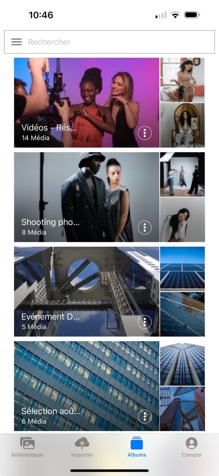 Ephoto Dam application interface on iOS showing album functionality.