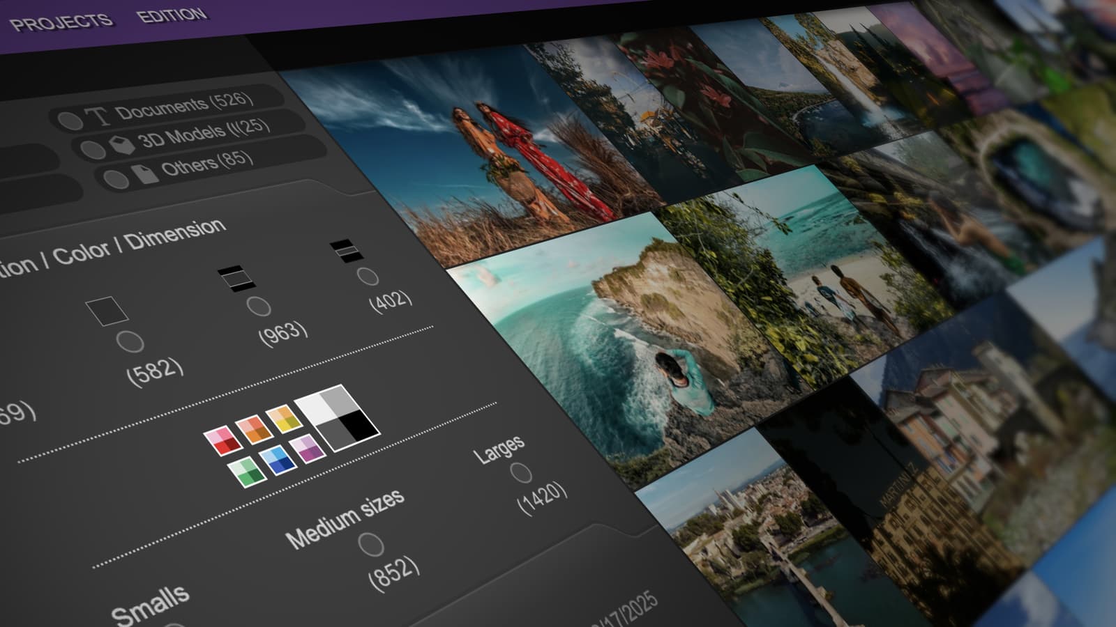 Ephoto Dam photo library software interface in perspective showing detailed media view and advanced settings.
