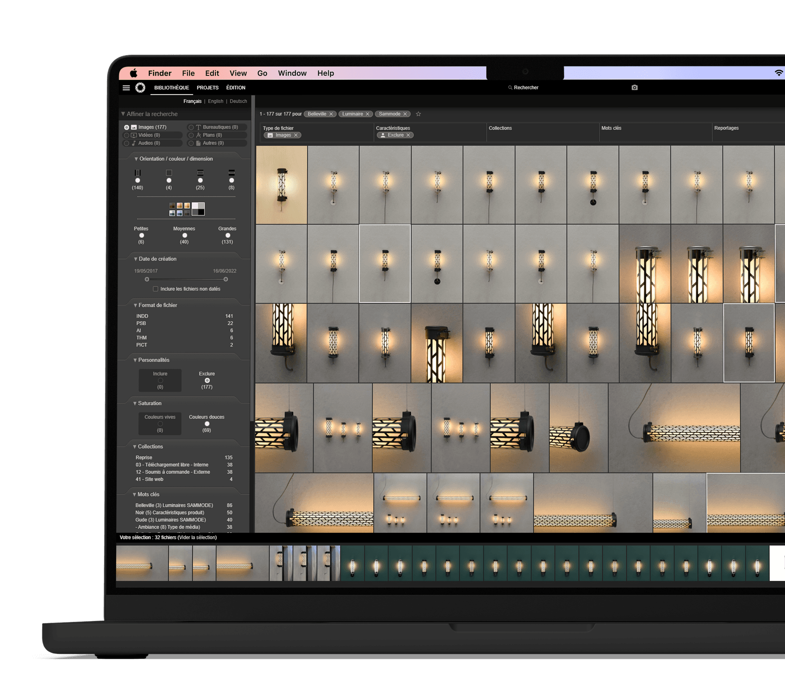 Mac with Ephoto Dam software open with a media gallery.