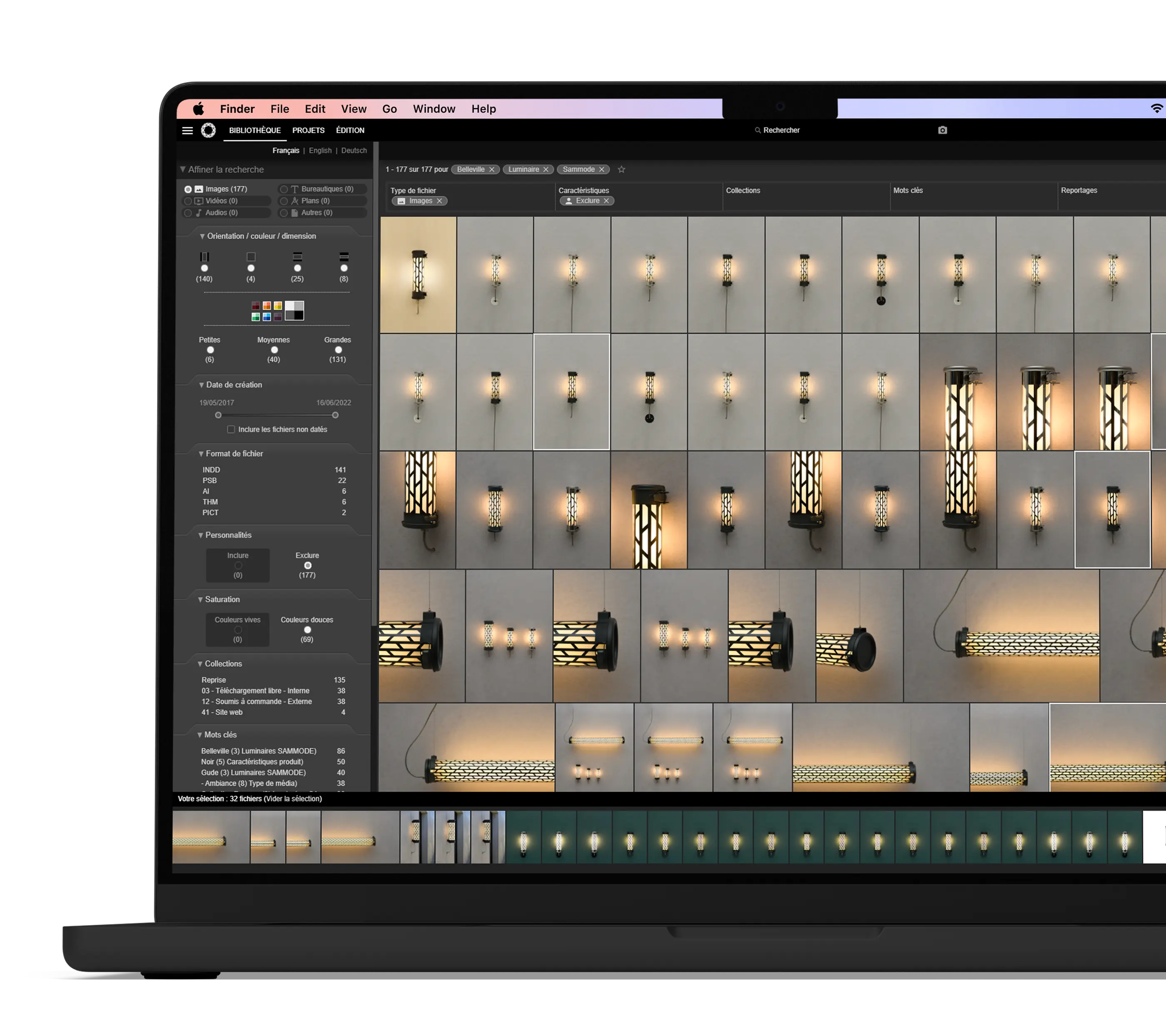 Mac with Ephoto Dam software open with a media gallery.