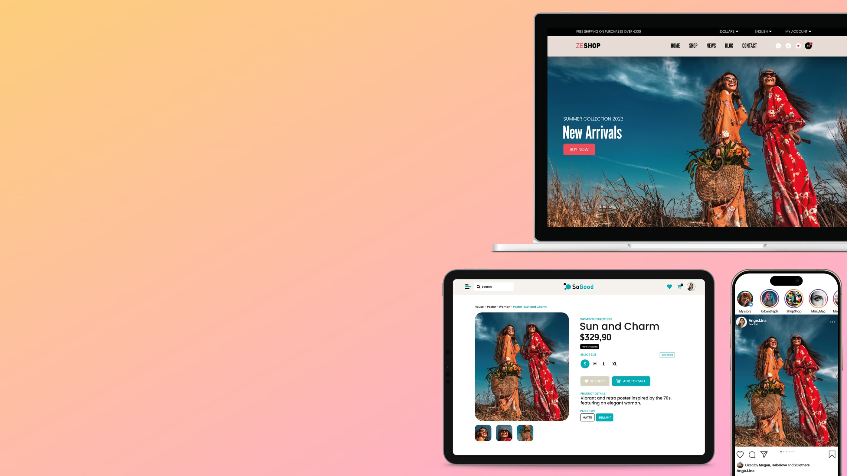 Image showing a computer, a tablet and a phone showing an identical visual to show the different channels where media can be distributed using the Ephoto Dam photo library software.