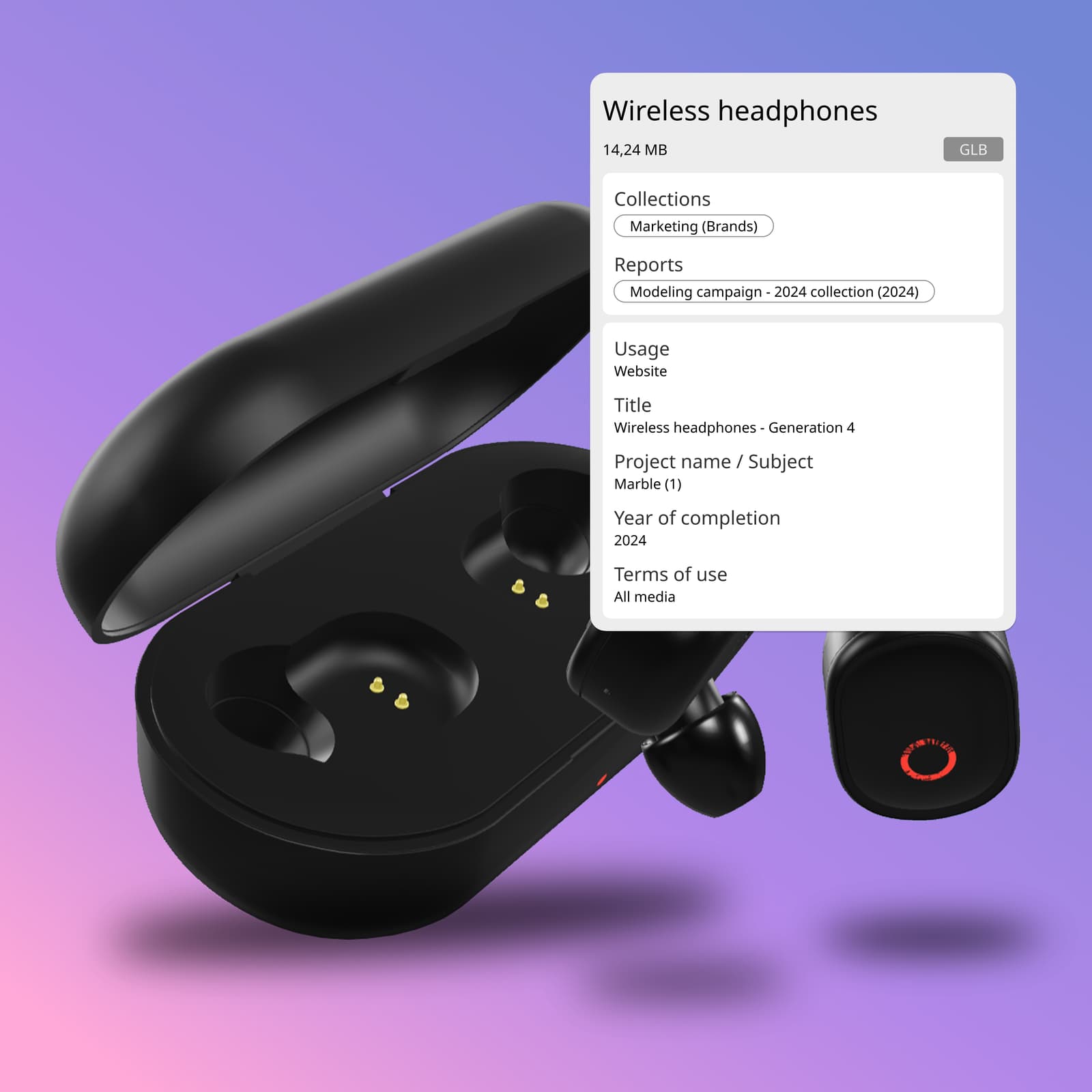 3D model of wireless headphones with Ephoto Dam data superimposed, illustrating advanced digital media management via the Ephoto Dam photo library solution.