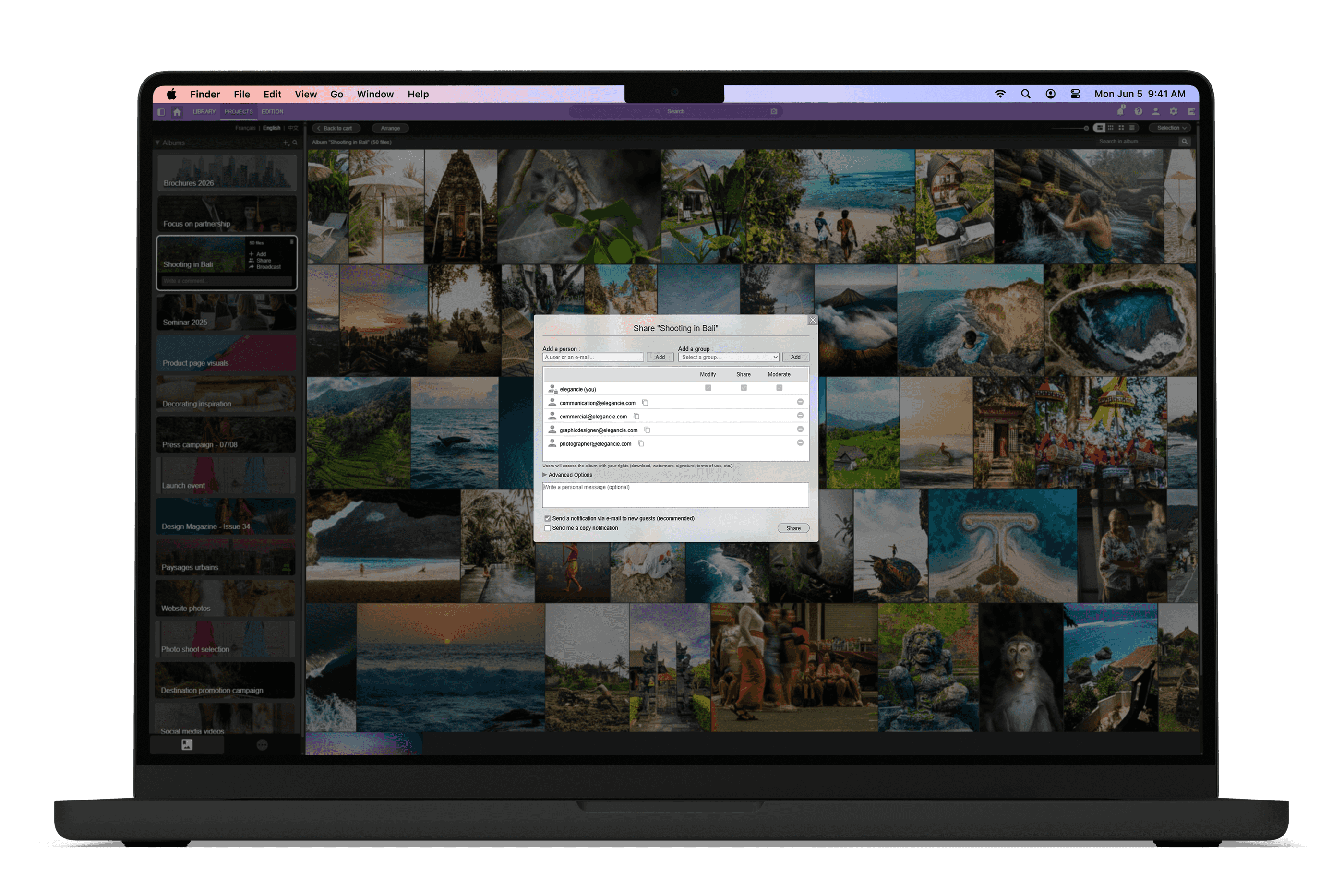 MacBook Pro displaying Ephoto Dam with media sharing functionality.