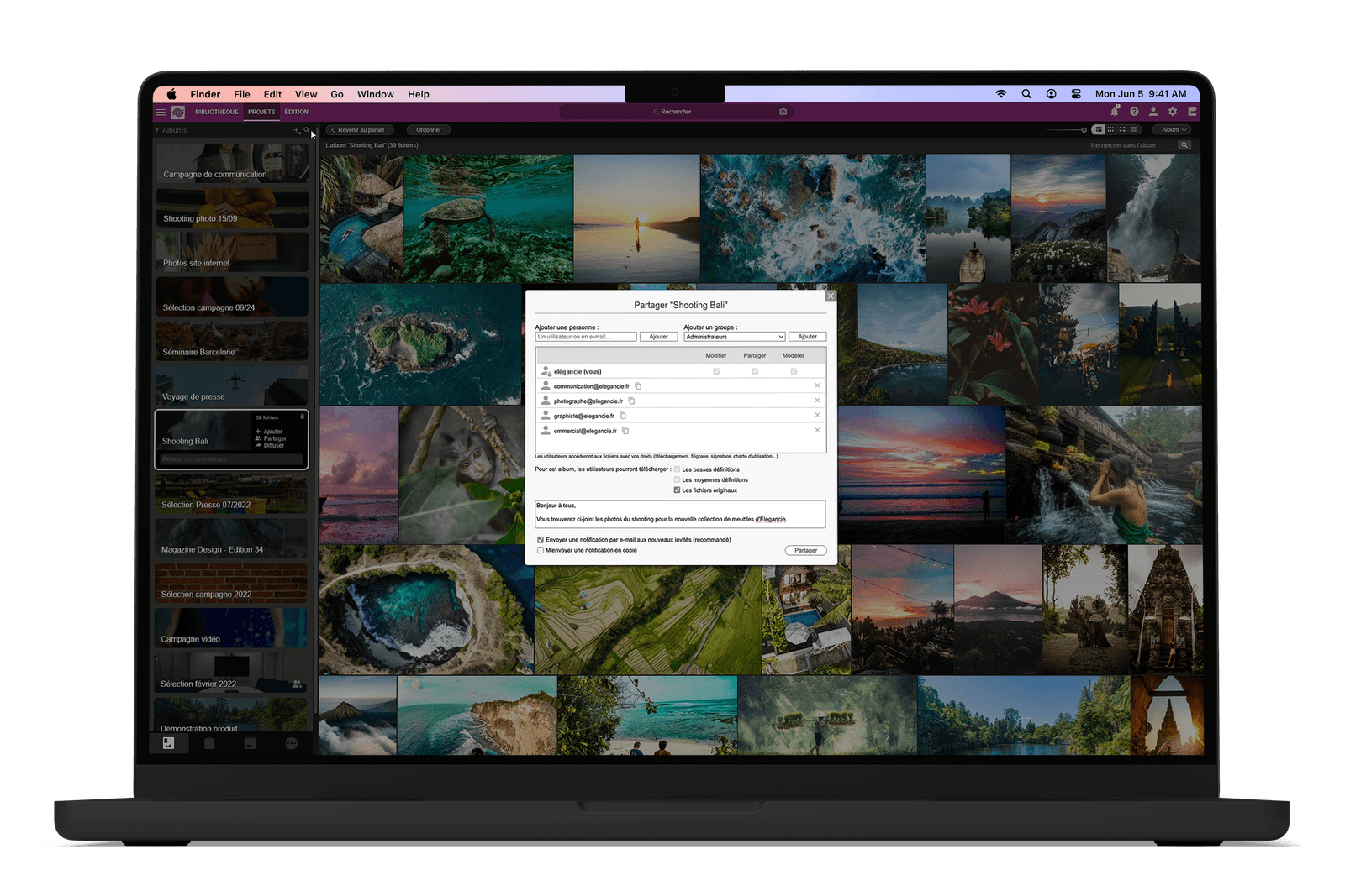 MacBook Pro displaying Ephoto Dam with media sharing functionality.