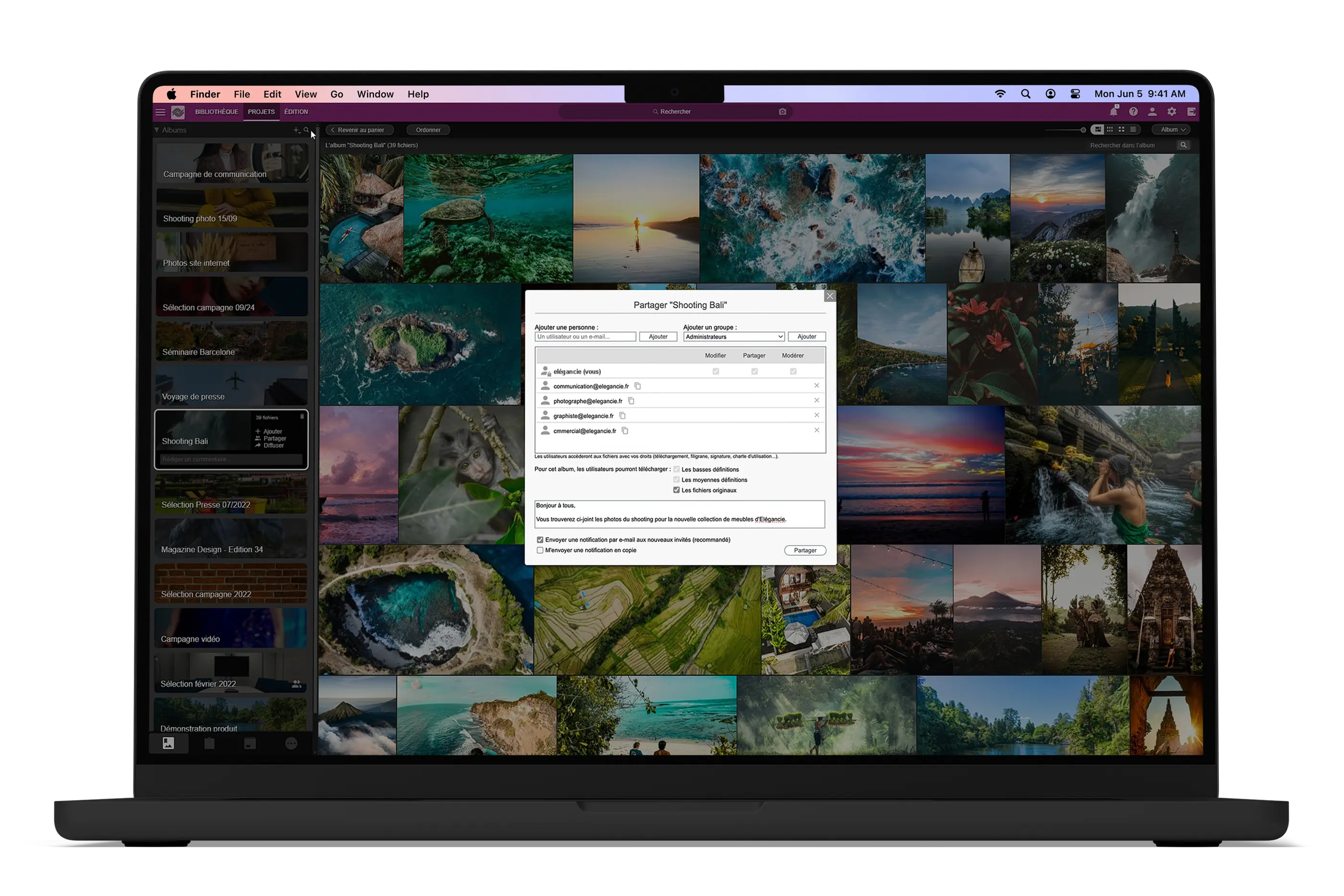 MacBook Pro displaying Ephoto Dam with media sharing functionality.