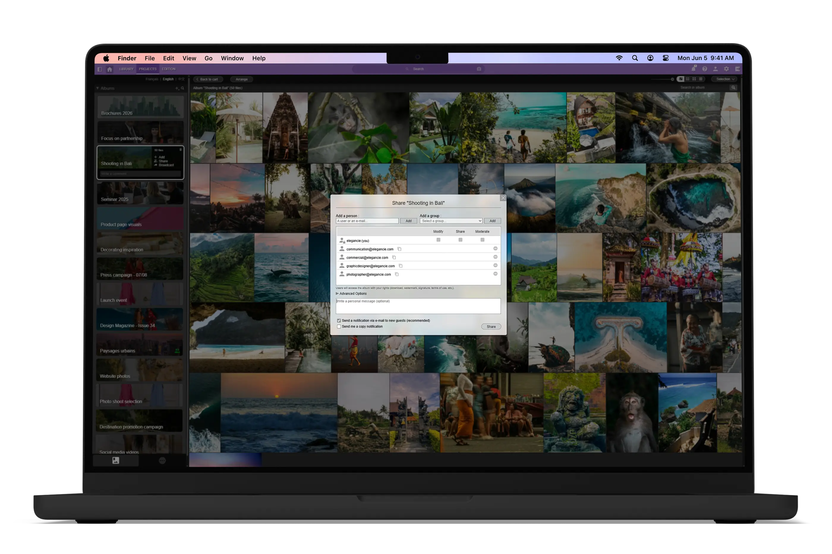 MacBook Pro displaying Ephoto Dam with media sharing functionality.