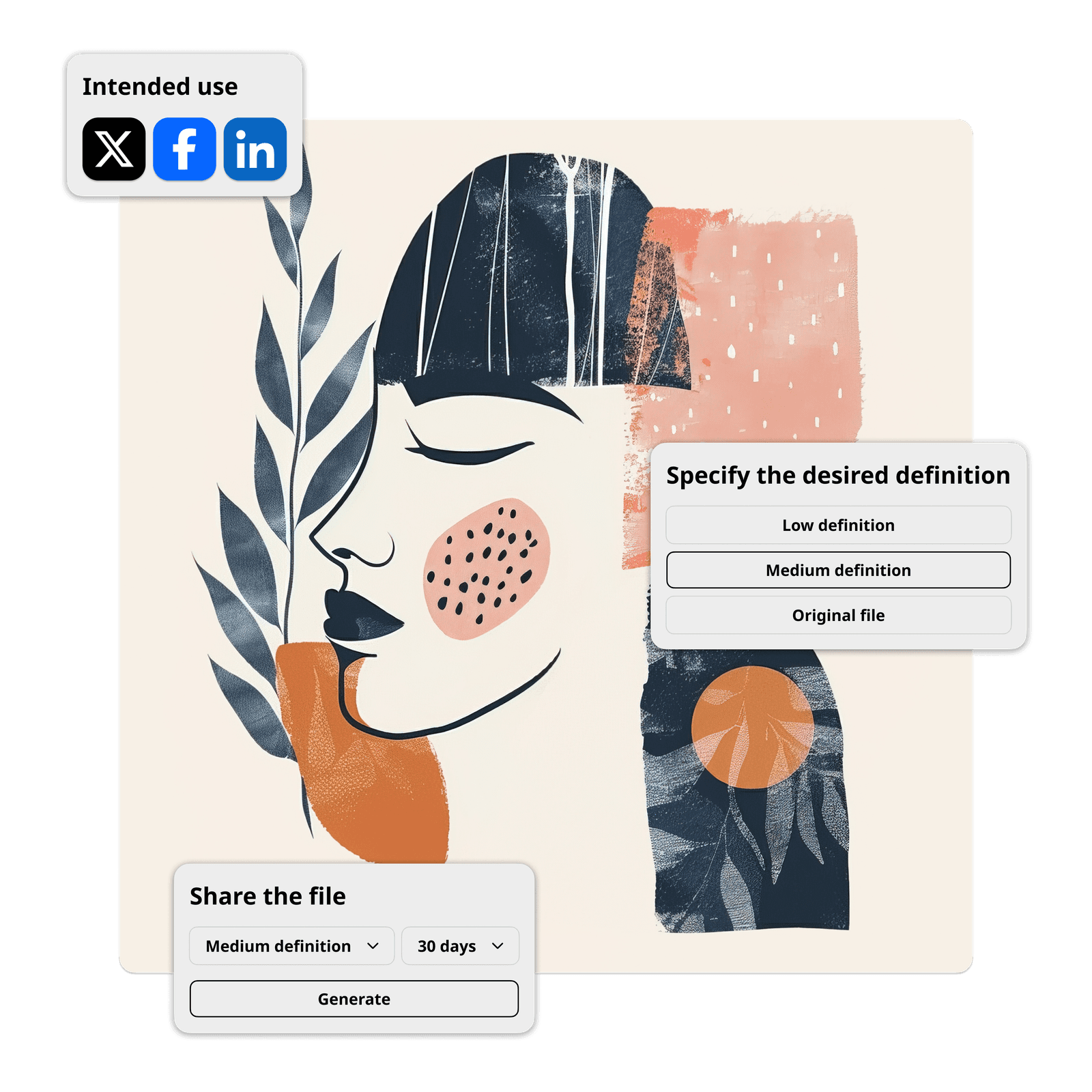 Illustration of a smiling woman against a coloured background illustrating the features of the Ephoto Dam plugin for Illustrator: managing, sharing and defining multimedia files.