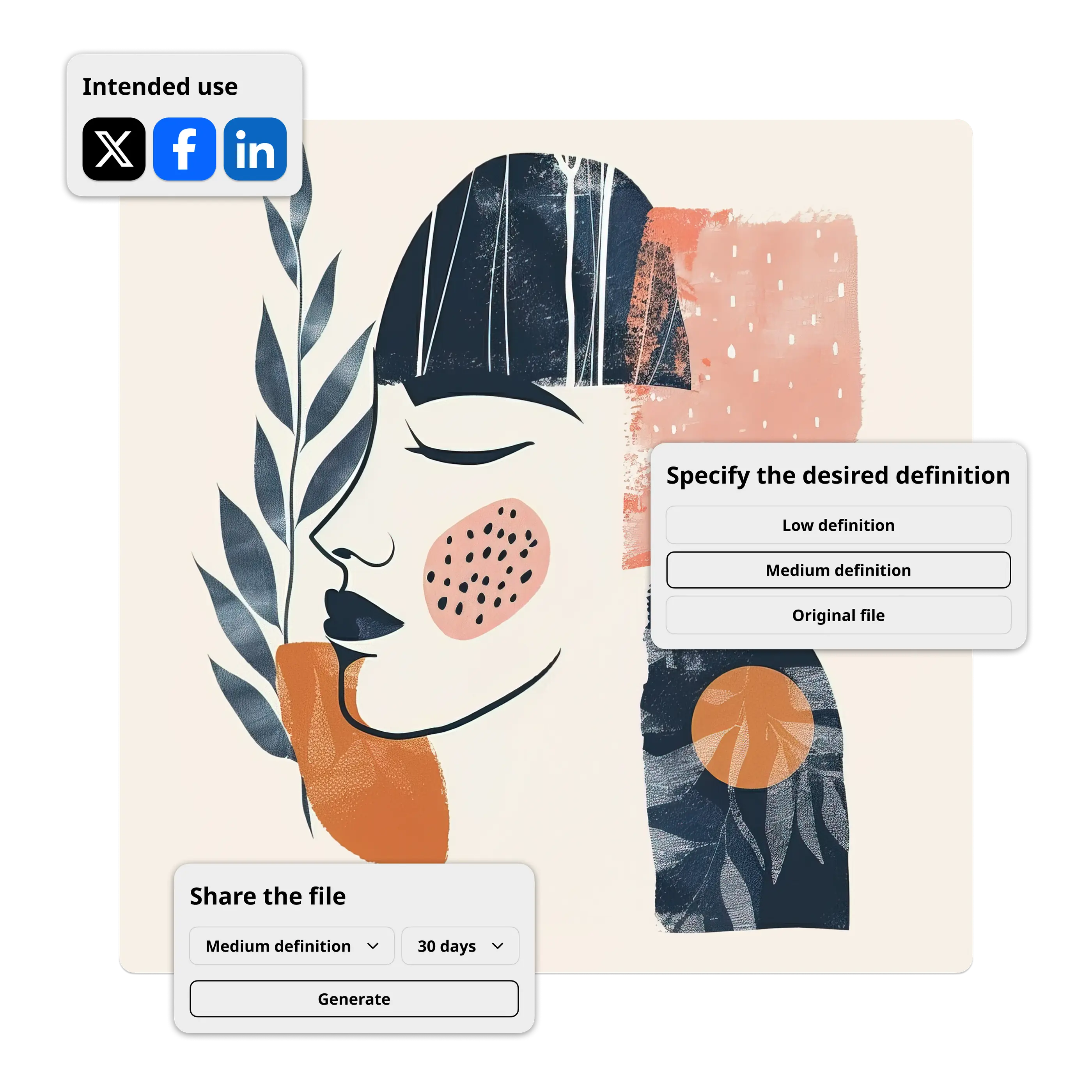 Illustration of a smiling woman against a coloured background illustrating the features of the Ephoto Dam plugin for Illustrator: managing, sharing and defining multimedia files.