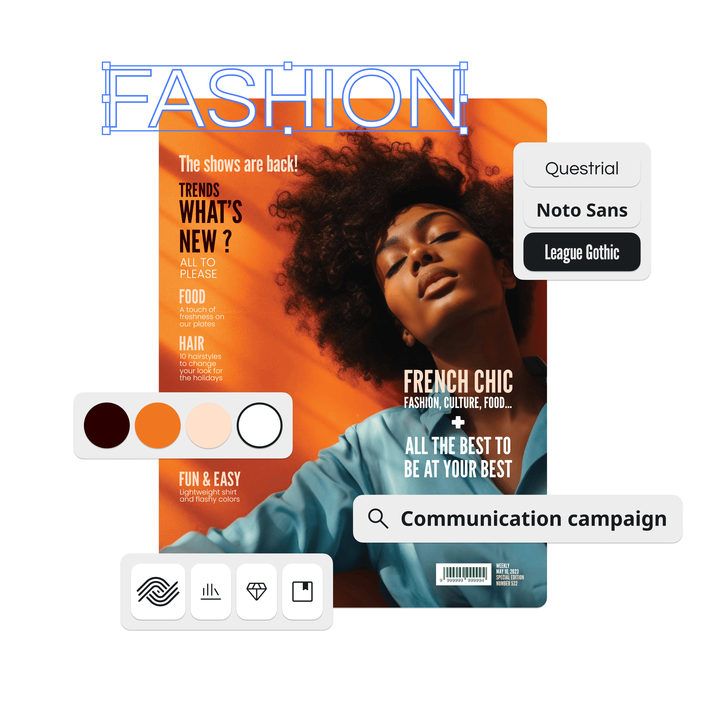 Ephoto Dam plugin interface for InDesign, showing media search, font and colour selection with an InDesign poster in the background.