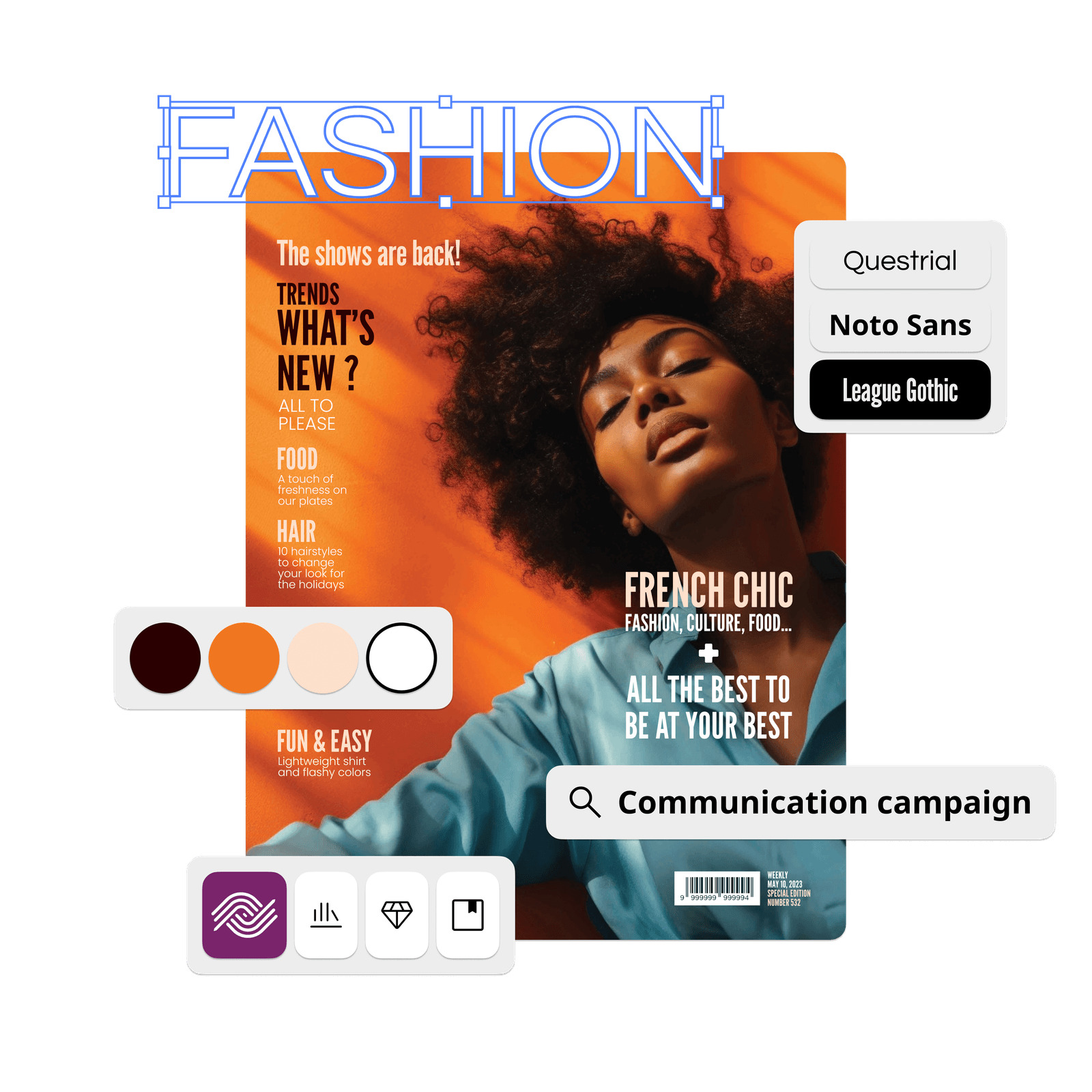 Ephoto Dam plugin interface for InDesign, showing media search, font and colour selection with an InDesign poster in the background.