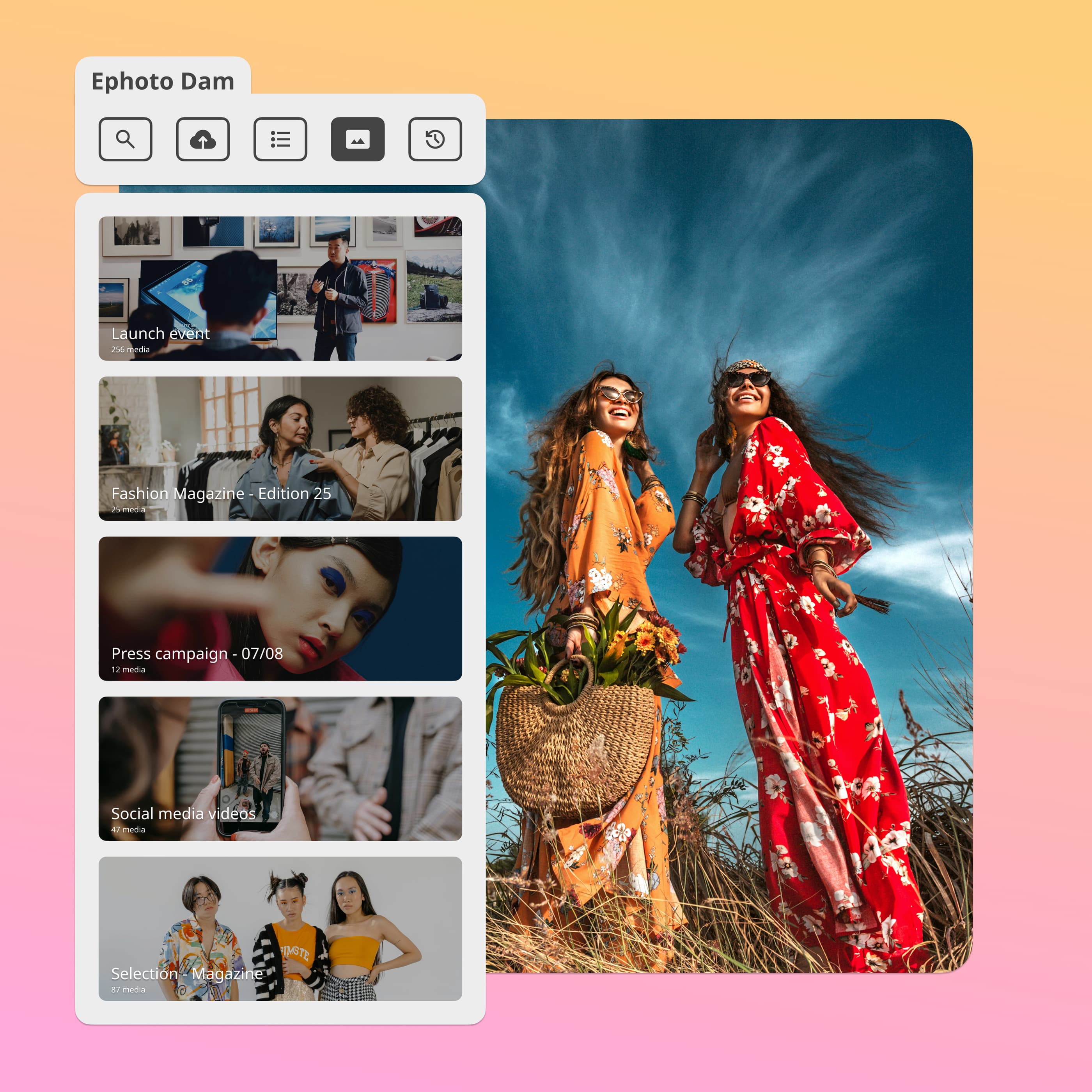Two women in the background with the interface of the Ephoto Dam plugin for InDesign showing the creation of albums in Ephoto Dam.