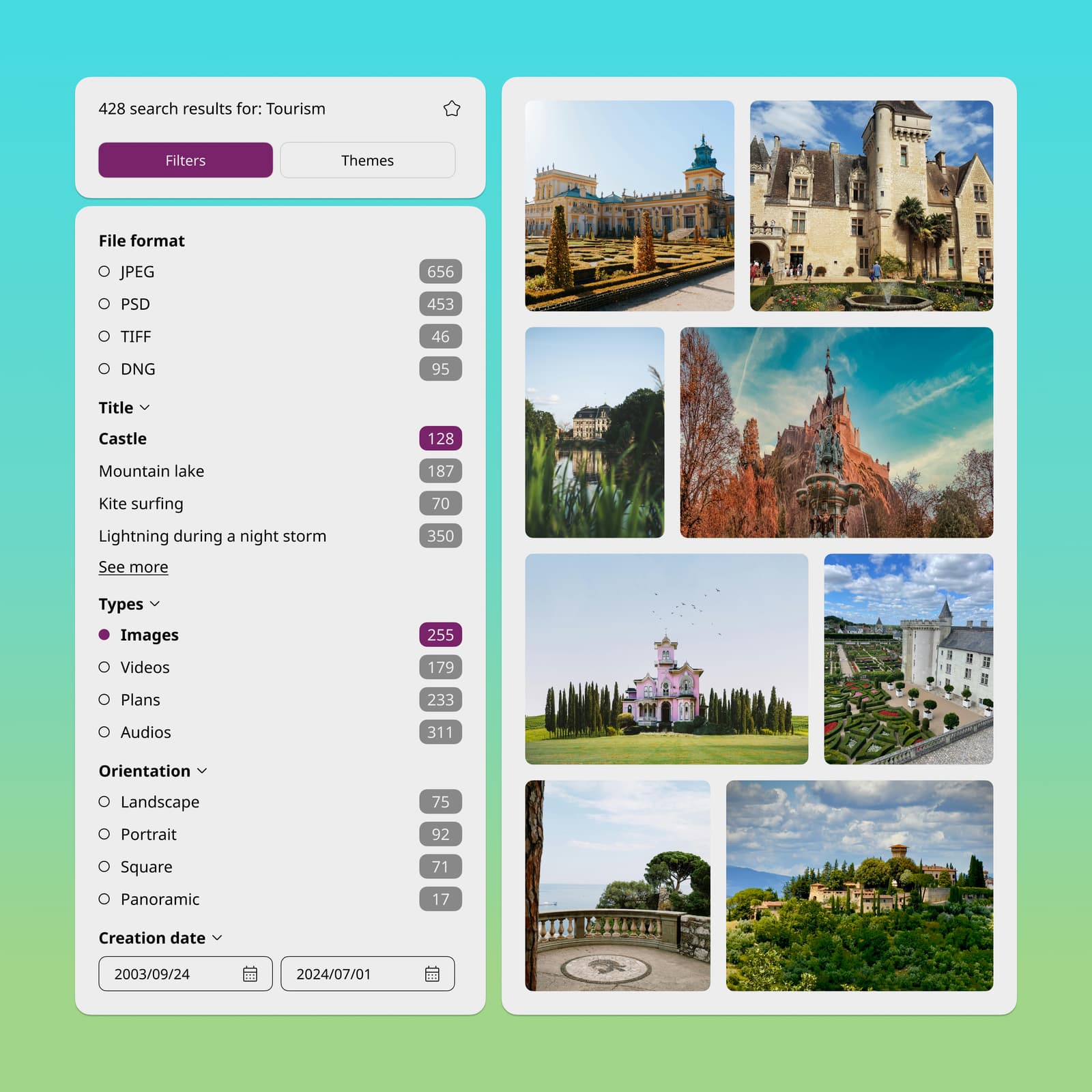 Intuitive Ephoto Dam Front Office interface with search filters and results grid.