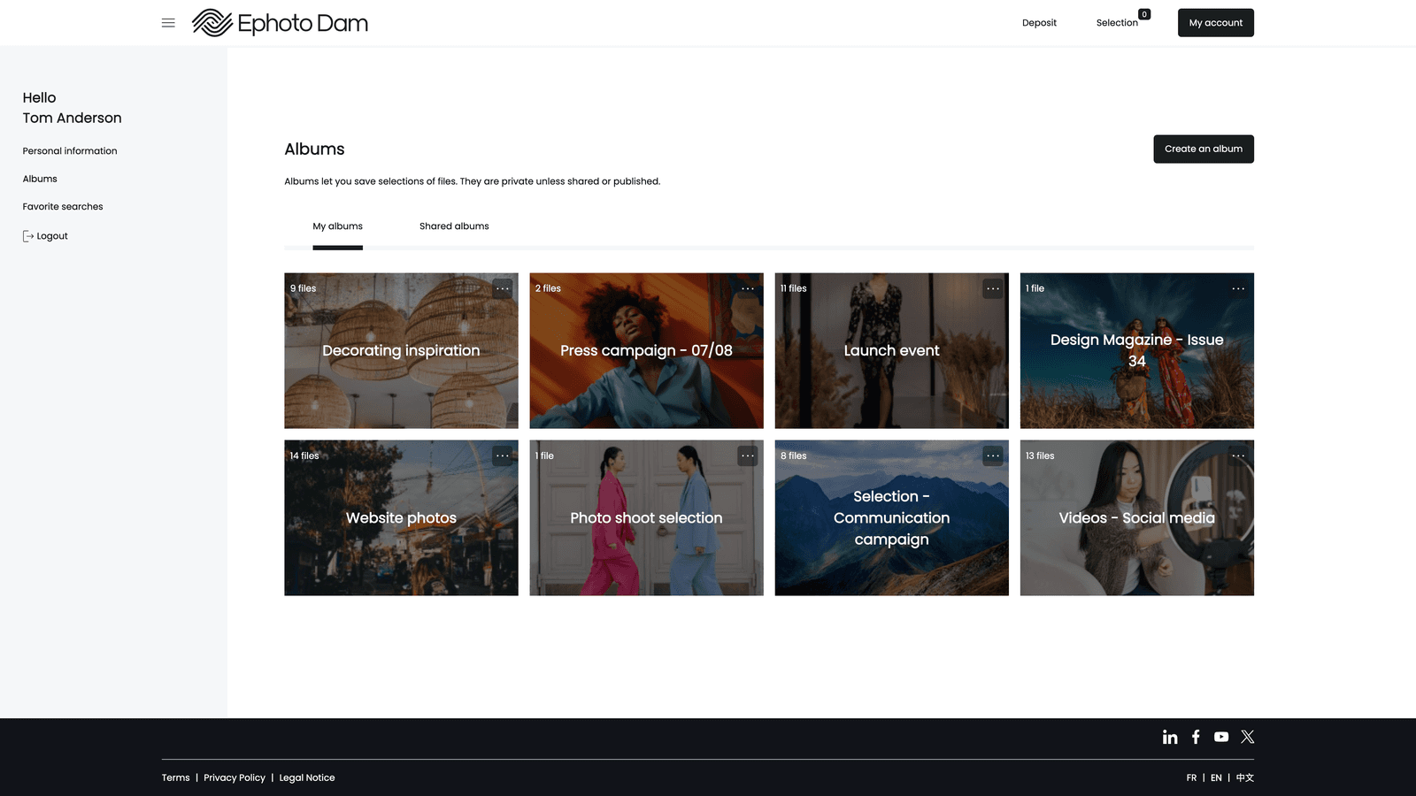 Management of Ephoto Dam albums in the Front Office interface: organisation and consultation of shared photos in high-performance DAM software.