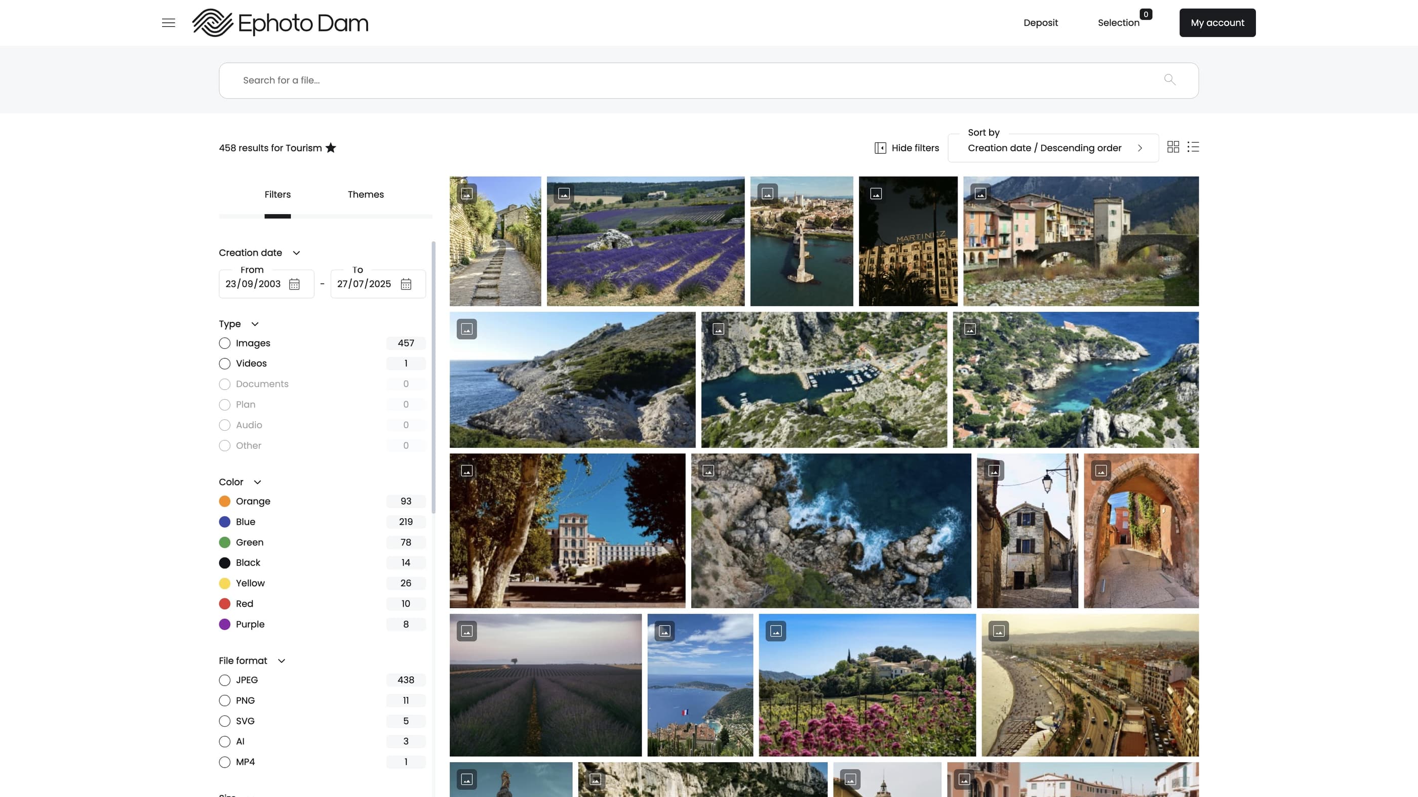 Search interface for the new Ephoto Dam software Front Office, offering advanced filters for optimised management of digital assets.