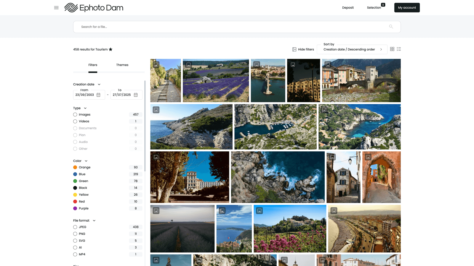 Search interface for the new Ephoto Dam software Front Office, offering advanced filters for optimised management of digital assets.