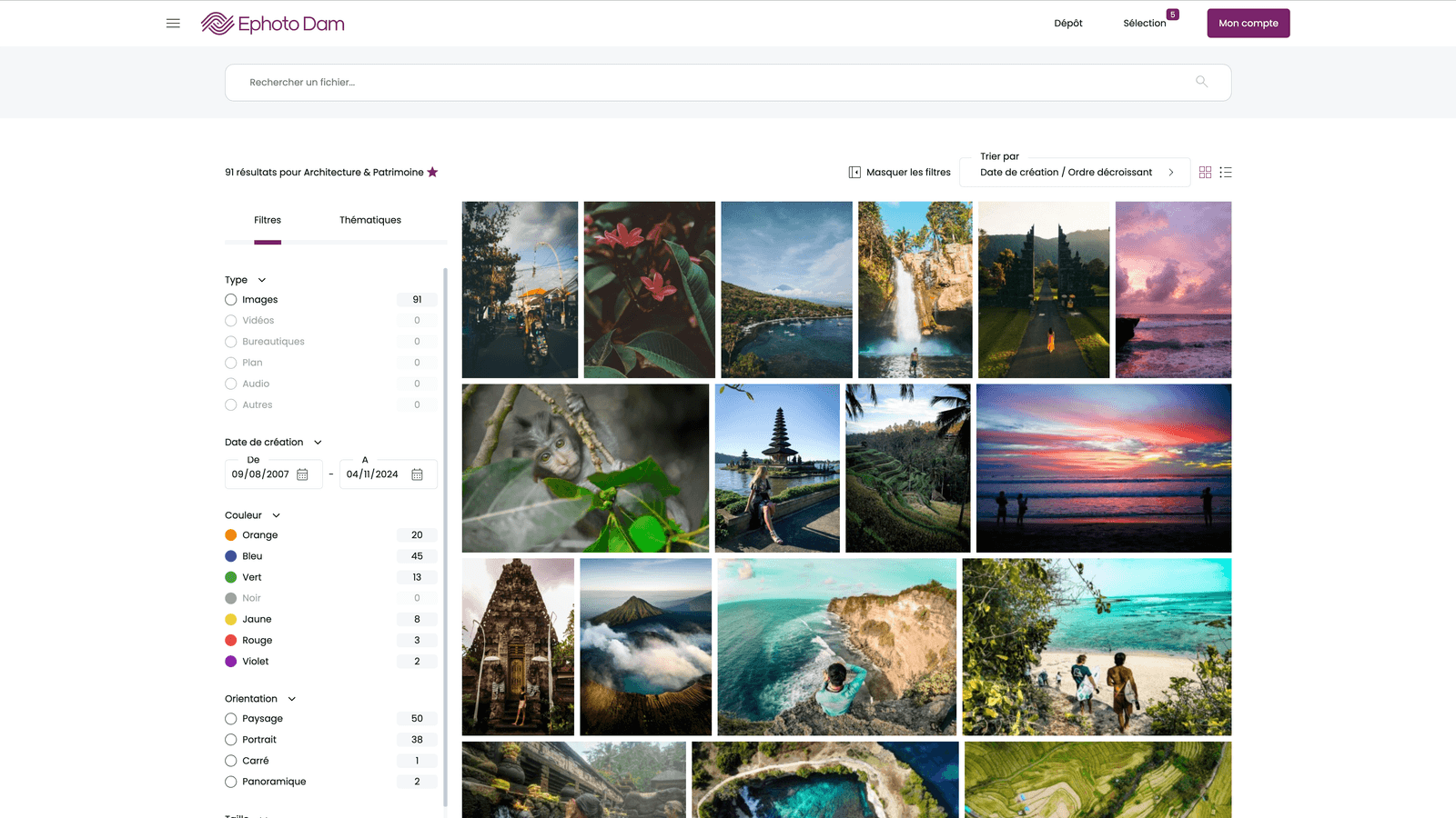 Search interface for the new Ephoto Dam software Front Office, offering advanced filters for optimised management of digital assets.
