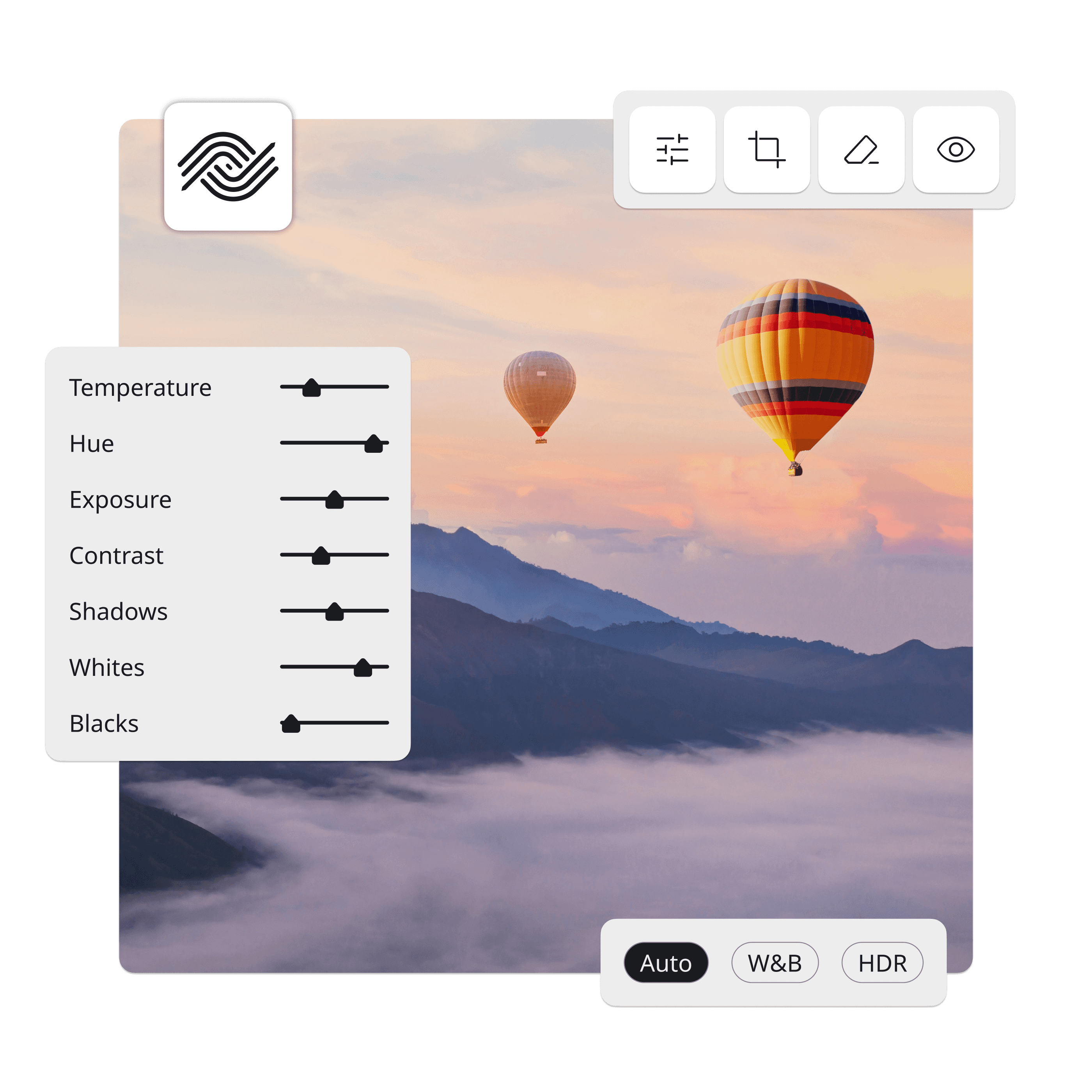 Image of hot-air balloons with the Ephoto Dam interface displaying Lightroom settings, illustrating the integration of the Ephoto Dam plugin for advanced photo library management.