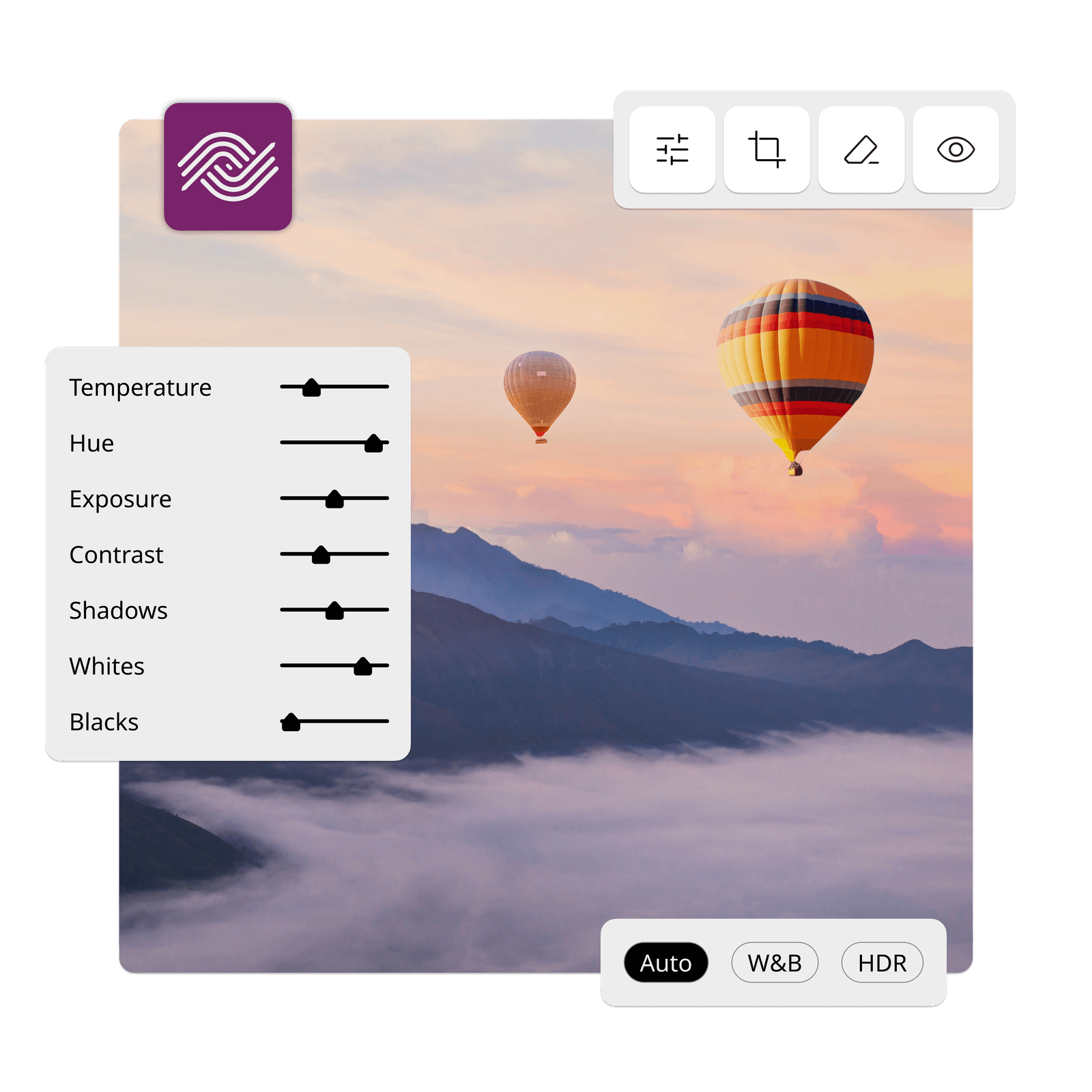 Image of hot-air balloons with the Ephoto Dam interface displaying Lightroom settings, illustrating the integration of the Ephoto Dam plugin for advanced photo library management.
