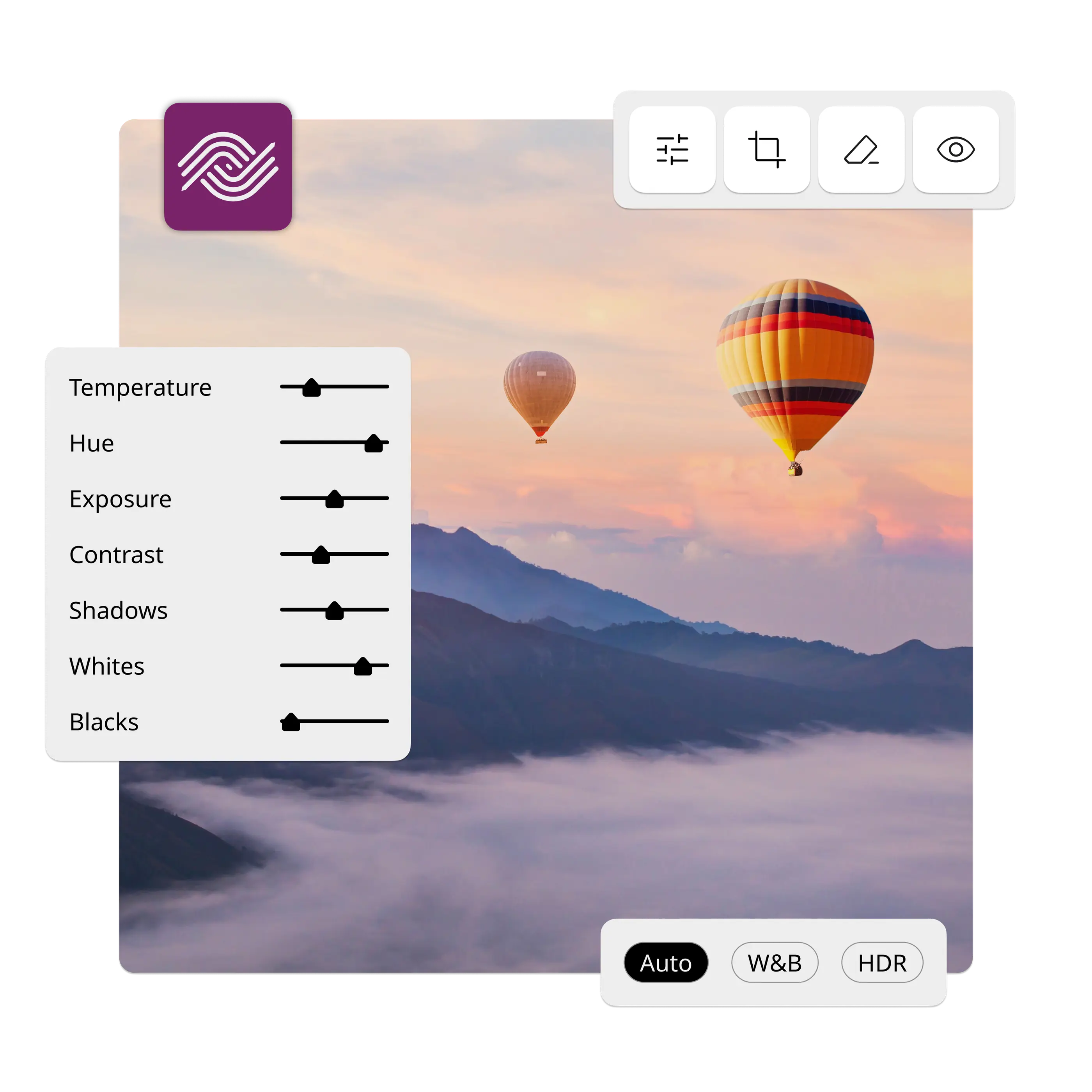 Image of hot-air balloons with the Ephoto Dam interface displaying Lightroom settings, illustrating the integration of the Ephoto Dam plugin for advanced photo library management.
