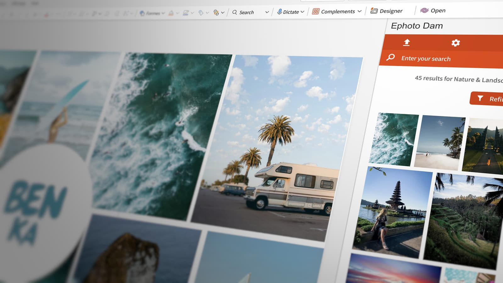 Power Point interface on the online version of Microsoft Office 365 showing a slideshow and the Ephoto Dam plugin.