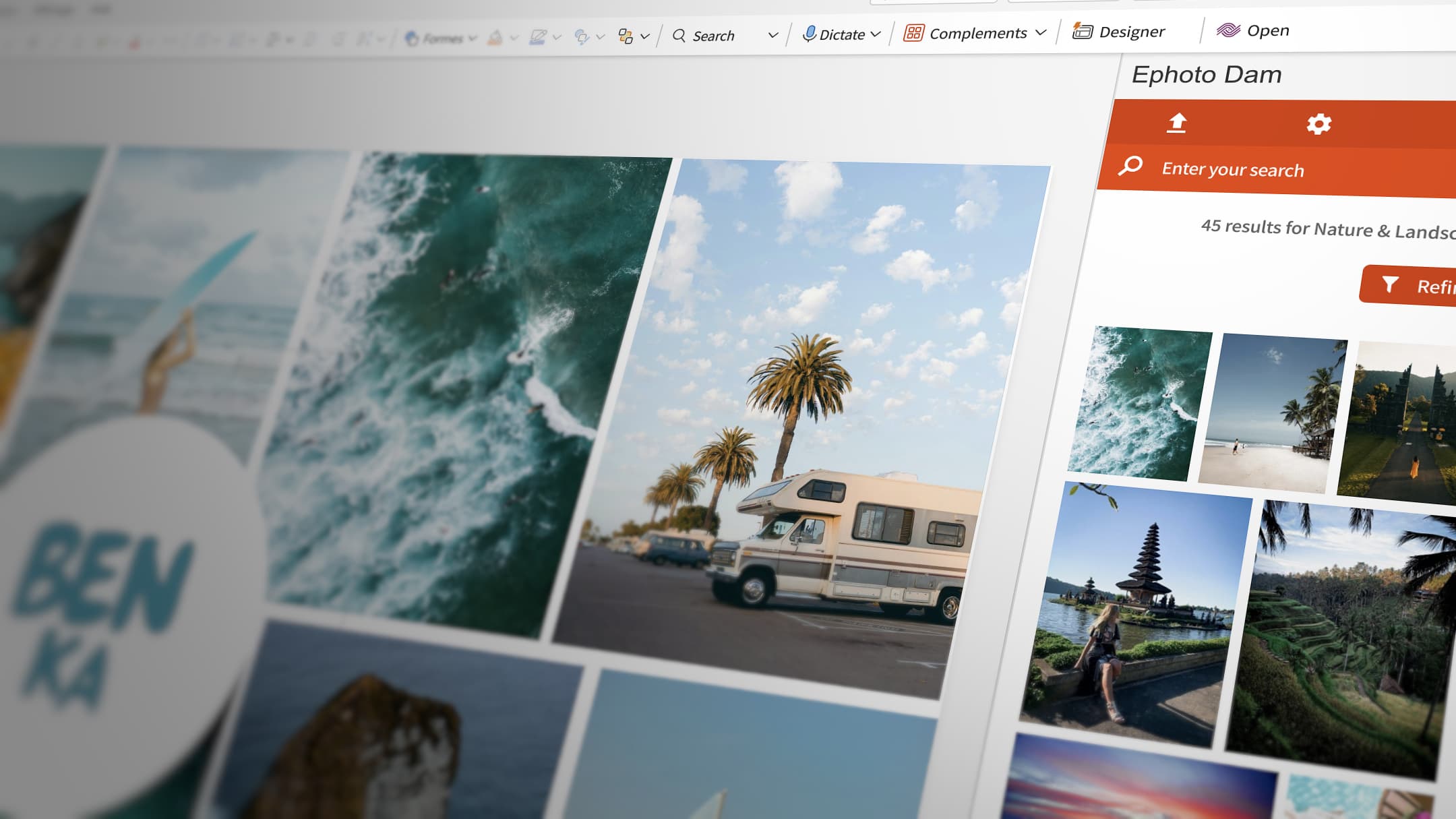 Power Point interface on the online version of Microsoft Office 365 showing a slideshow and the Ephoto Dam plugin.