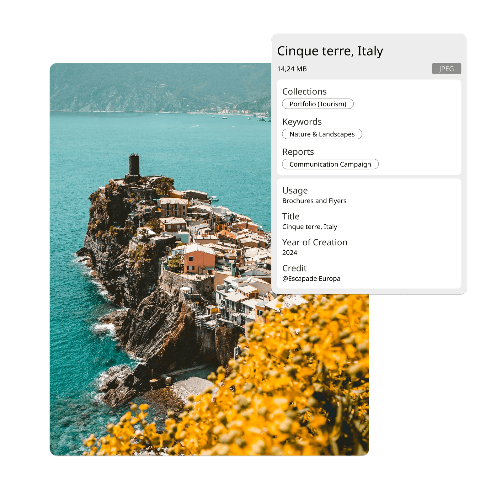 Ephoto Dam plugin interface for Photoshop on an image of a lakeside village, showing image information in a powerful DAM software.