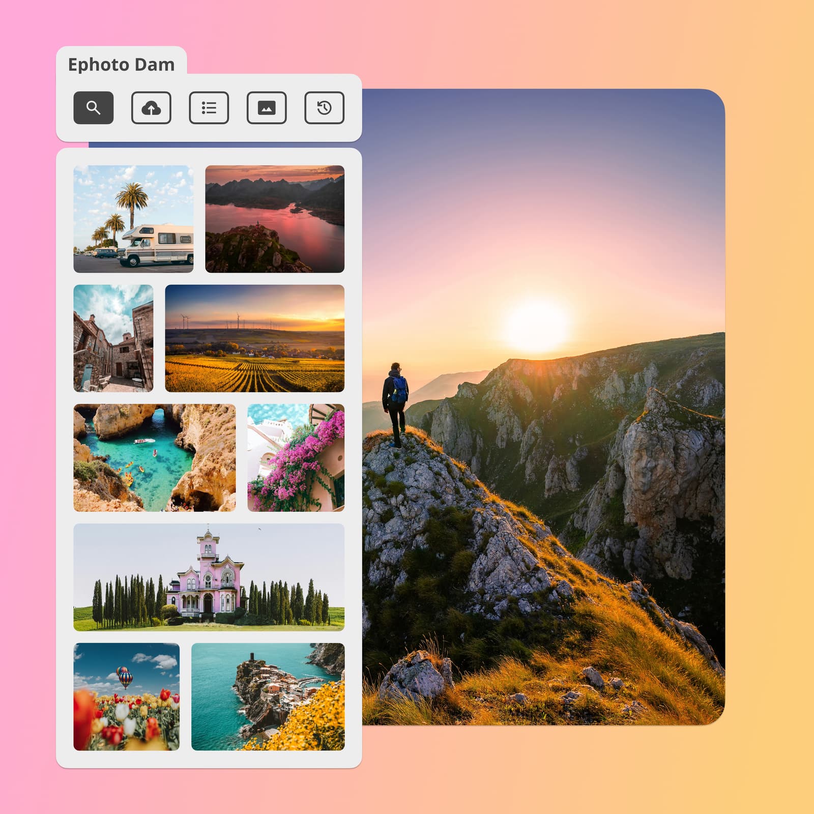 Interface of the Ephoto Dam plugin for Photoshop with a media grid, on a background of a man on a mountain.