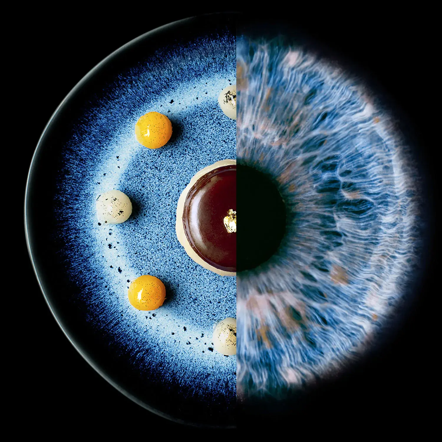 Visual representing an eye cut in two: the right part represents the pupil of an eye and the left part a visual with cakes.