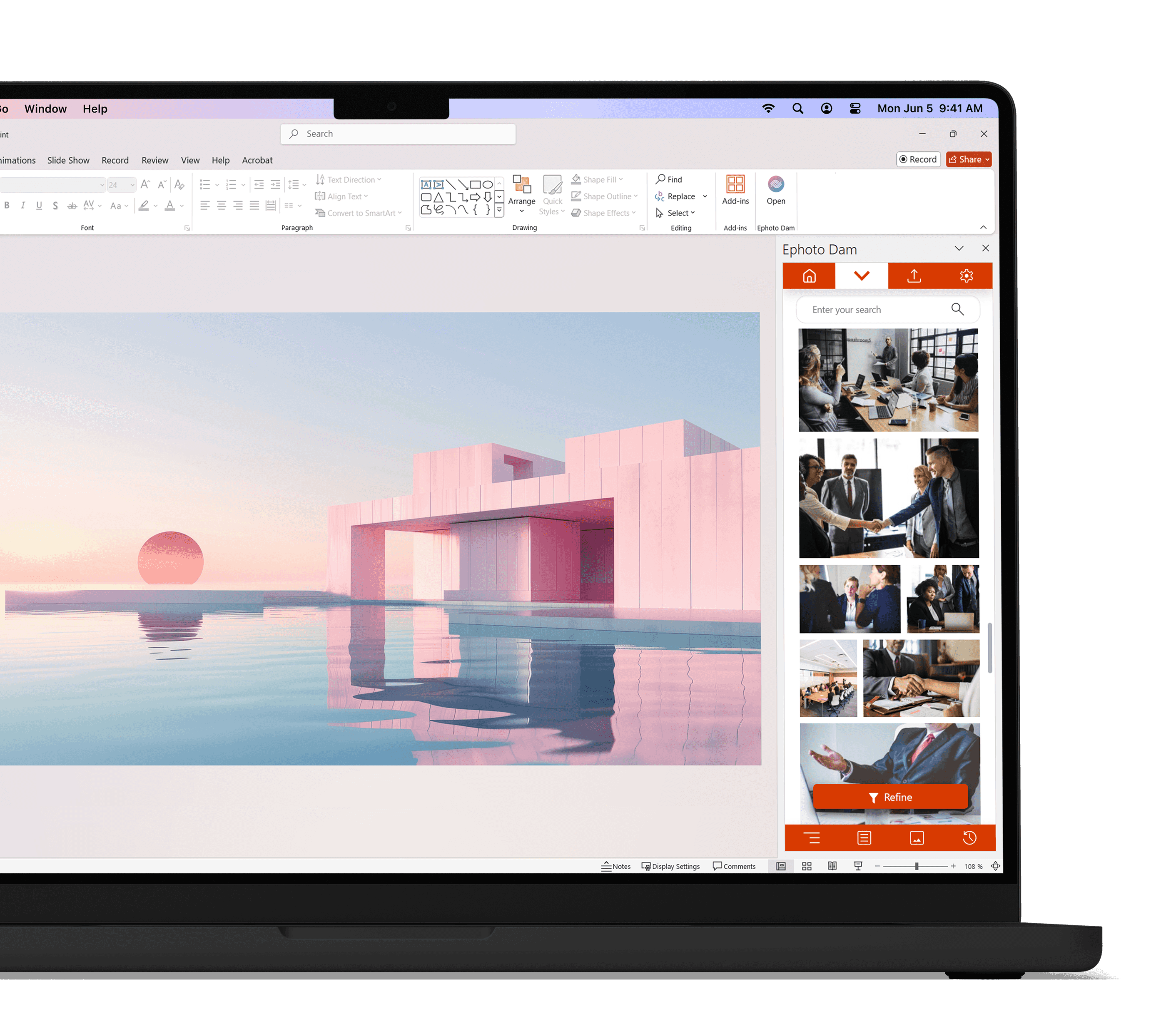 Integration of Ephoto Dam in PowerPoint on MacBook for optimised management of digital assets.