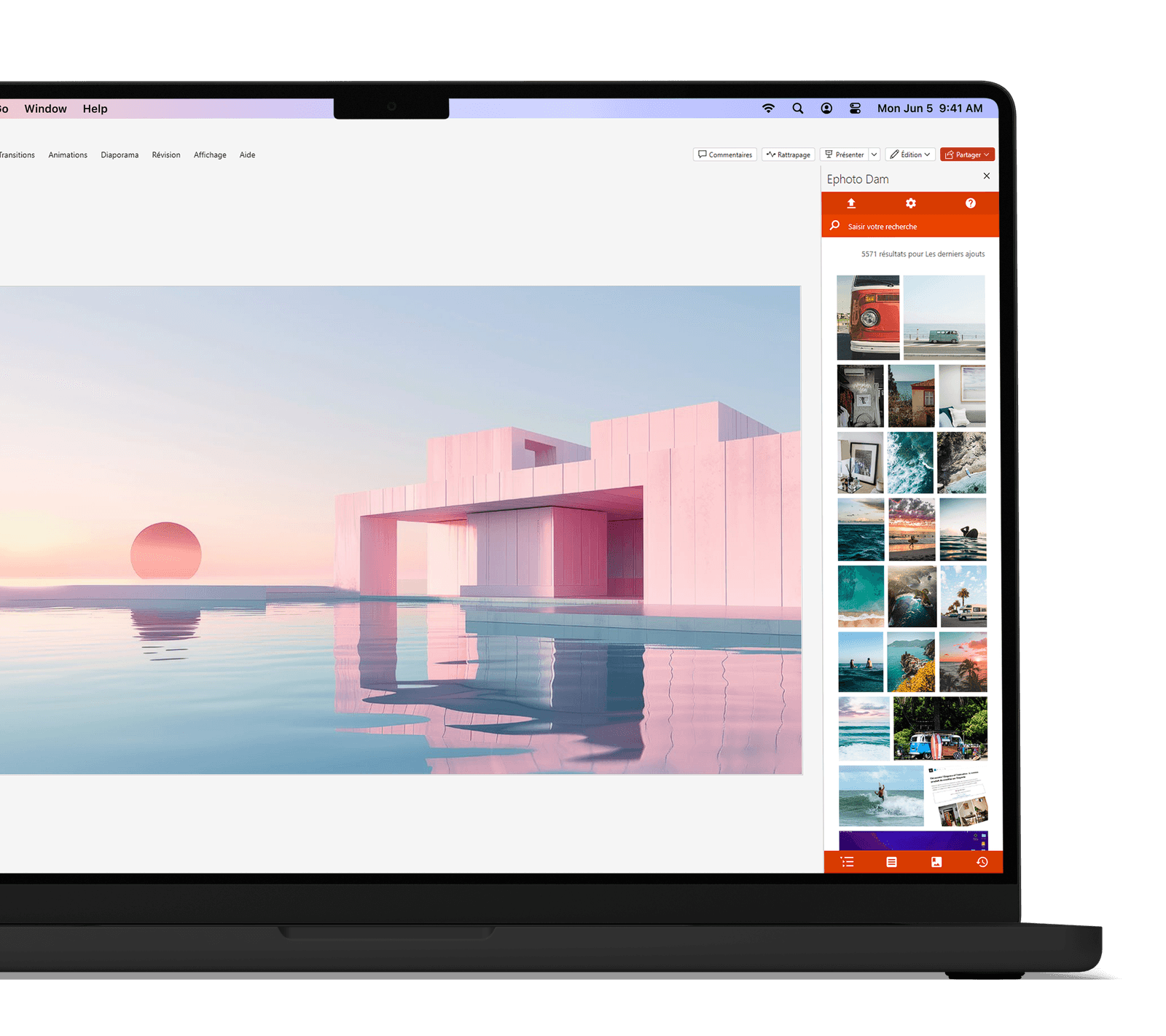 Integration of Ephoto Dam in PowerPoint on MacBook for optimised management of digital assets.