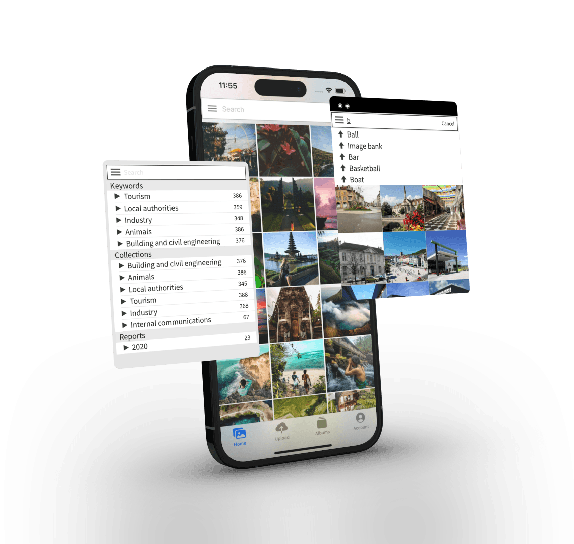 Ephoto Dam mobile application displaying media grid, search and keyword tree for advanced digital asset management